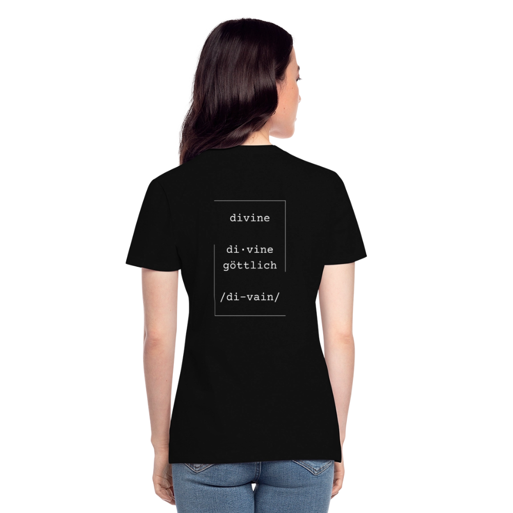 Divine Heels T-Shirt mit V-Ausschnitt - Logo weiß/Text weiß - Schwarz