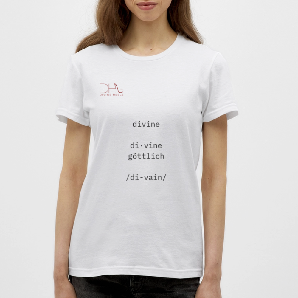 Divine Heels T-Shirt – Logo rot/Text schwarz - Weiß