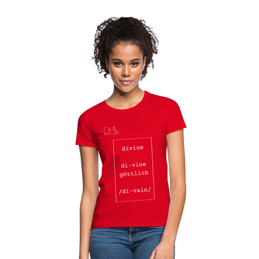 Divine Heels T-Shirt – Logo weiß/Text weiß mit Rahmen - Rot