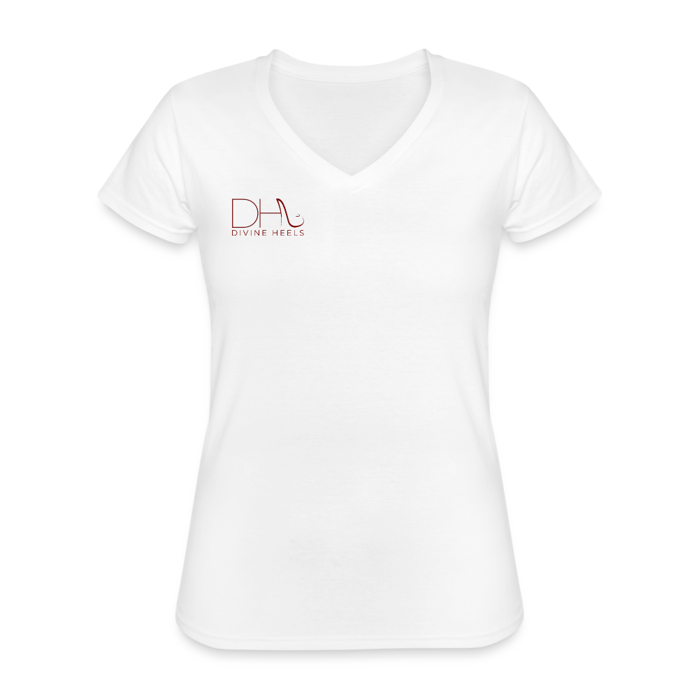 Divine Heels T-Shirt mit V-Ausschnitt - Logo rot/Text schwarz - Weiß