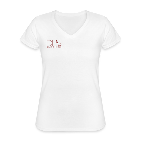 Divine Heels T-Shirt mit V-Ausschnitt - Logo rot/Text schwarz - Weiß