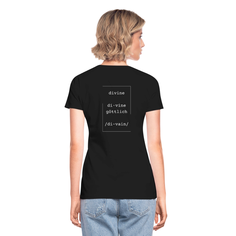 Divine Heels T-Shirt mit V-Ausschnitt - Logo weiß/Text weiß - Schwarz