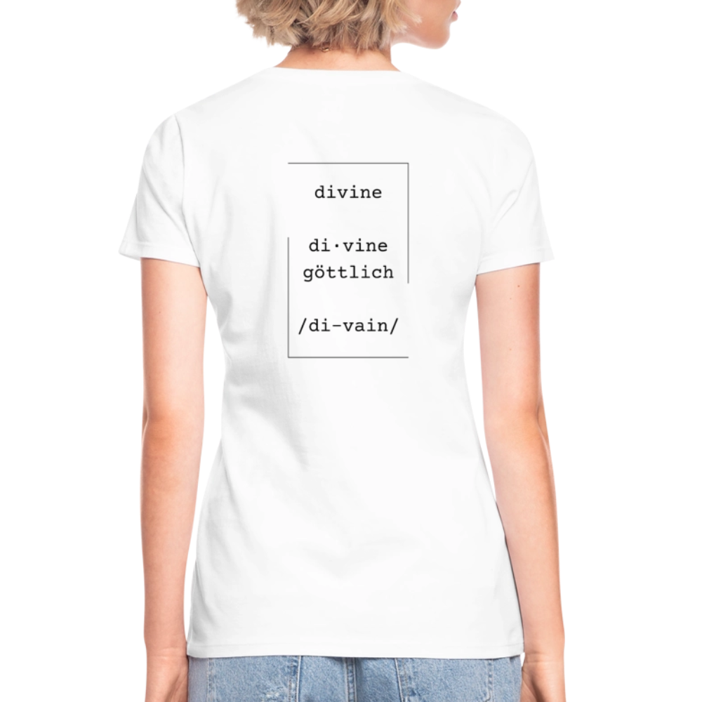 Divine Heels T-Shirt mit V-Ausschnitt - Logo rot/Text schwarz - Weiß