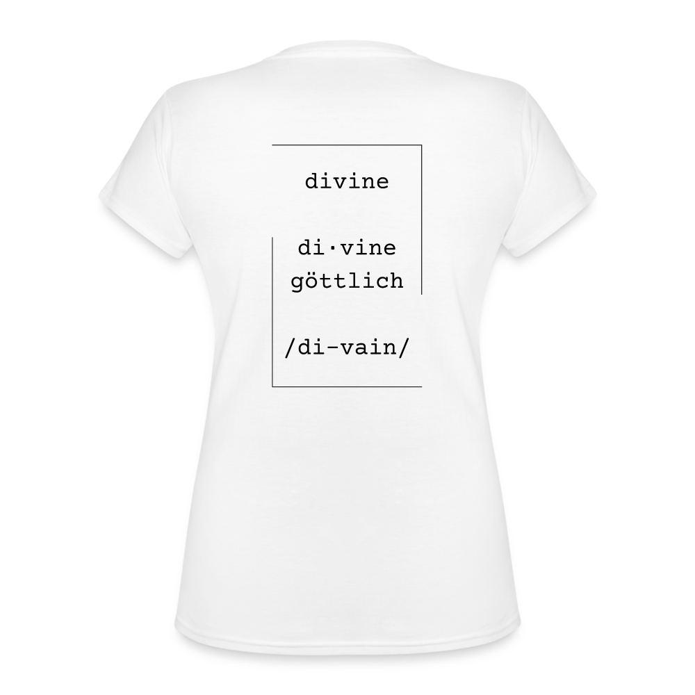 Divine Heels T-Shirt mit V-Ausschnitt - Logo rot/Text schwarz - Weiß