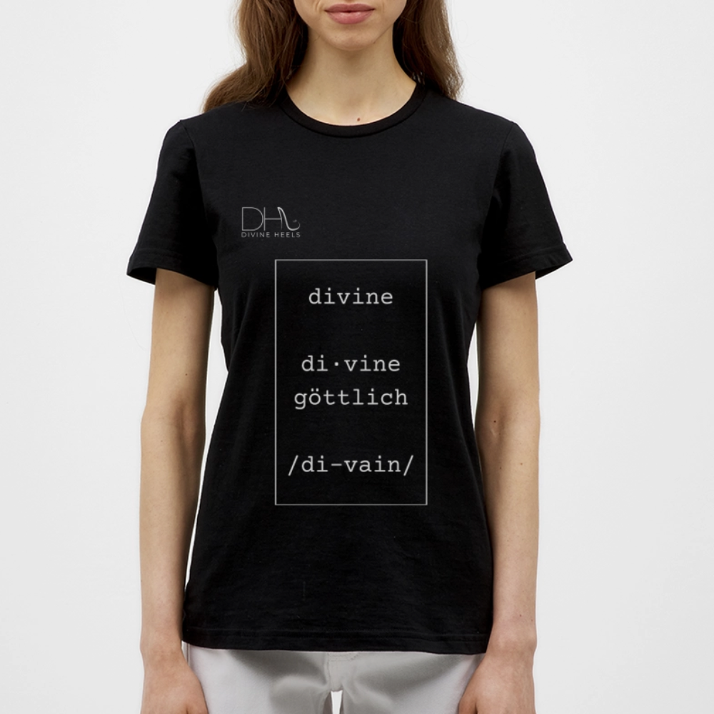 Divine Heels T-Shirt – Logo weiß/Text weiß mit Rahmen - Schwarz