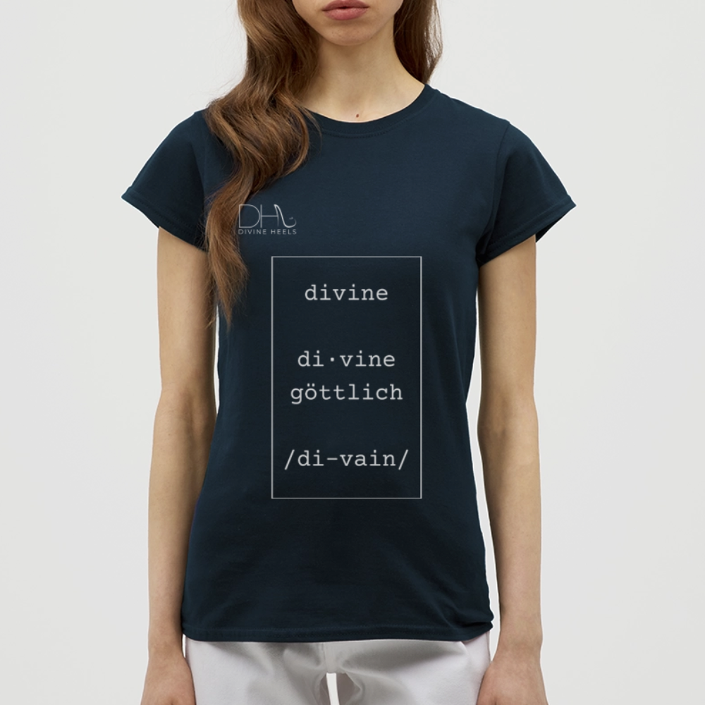 Divine Heels T-Shirt – Logo weiß/Text weiß mit Rahmen - Navy