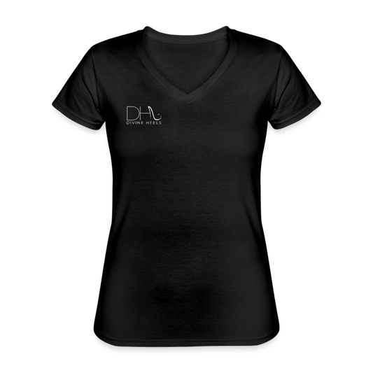Divine Heels T-Shirt mit V-Ausschnitt - Logo weiß/Text weiß - Schwarz