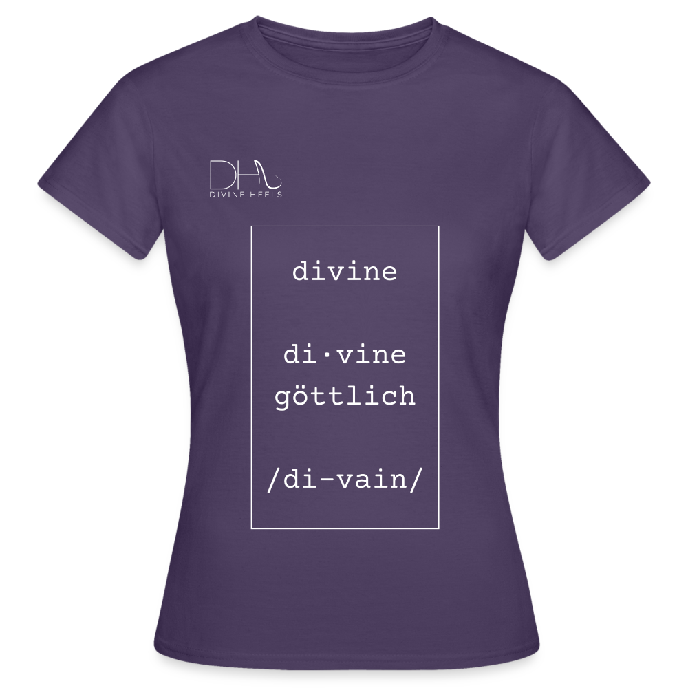 Divine Heels T-Shirt – Logo weiß/Text weiß mit Rahmen - Dunkellila