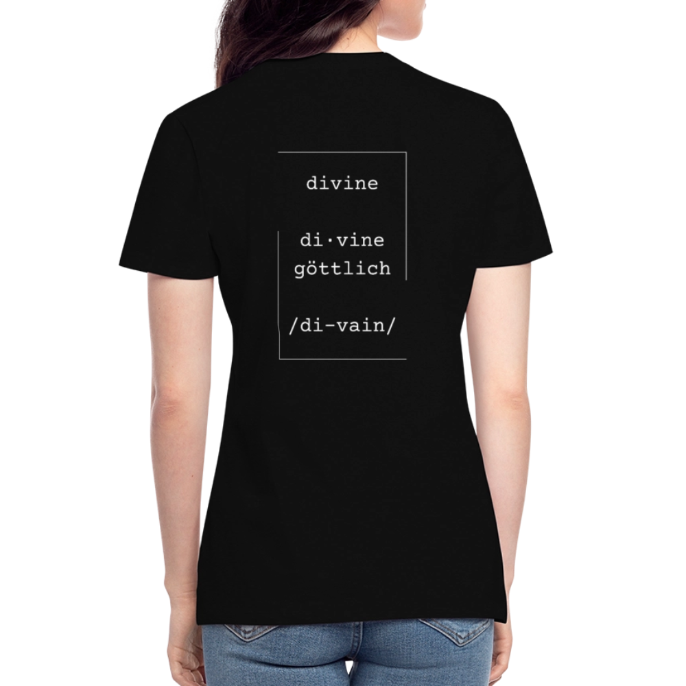 Divine Heels T-Shirt mit V-Ausschnitt - Logo weiß/Text weiß - Schwarz