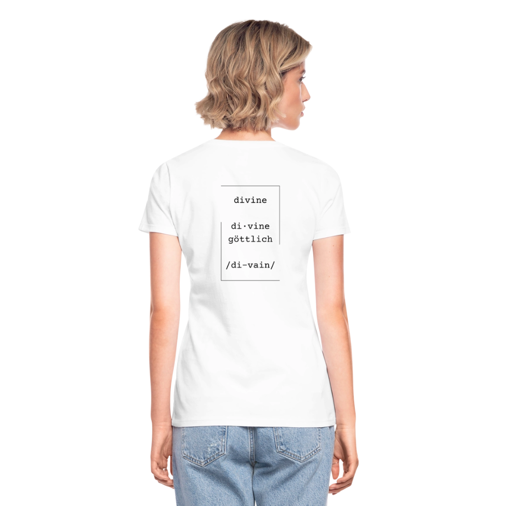 Divine Heels T-Shirt mit V-Ausschnitt - Logo rot/Text schwarz - Weiß