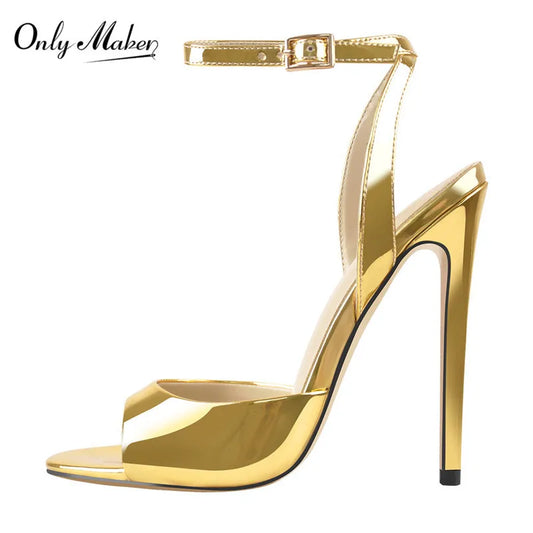 Onlymaker Frauen Gold Peep-Toe High Heels – 12cm Dünne Stiletto Sandalen mit Schnalle