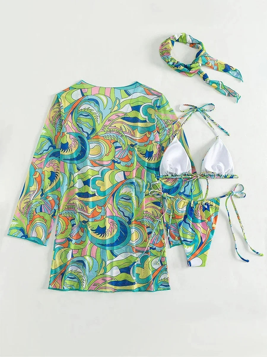 4-teiliges Bikini-Set mit Cover-Up und Haarband – der perfekte Urlaubslook