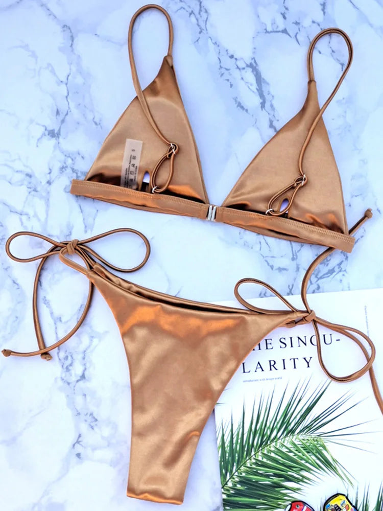 Metallic Satin Bikini-Set – glänzender Style mit brasilianischem Cut