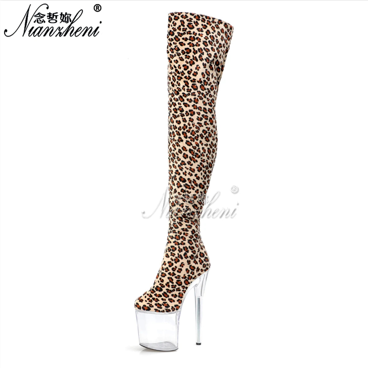 Leopard Overknee-Stiefel mit 20 cm High Heels – Exotisch. Transparent. Unvergesslich.