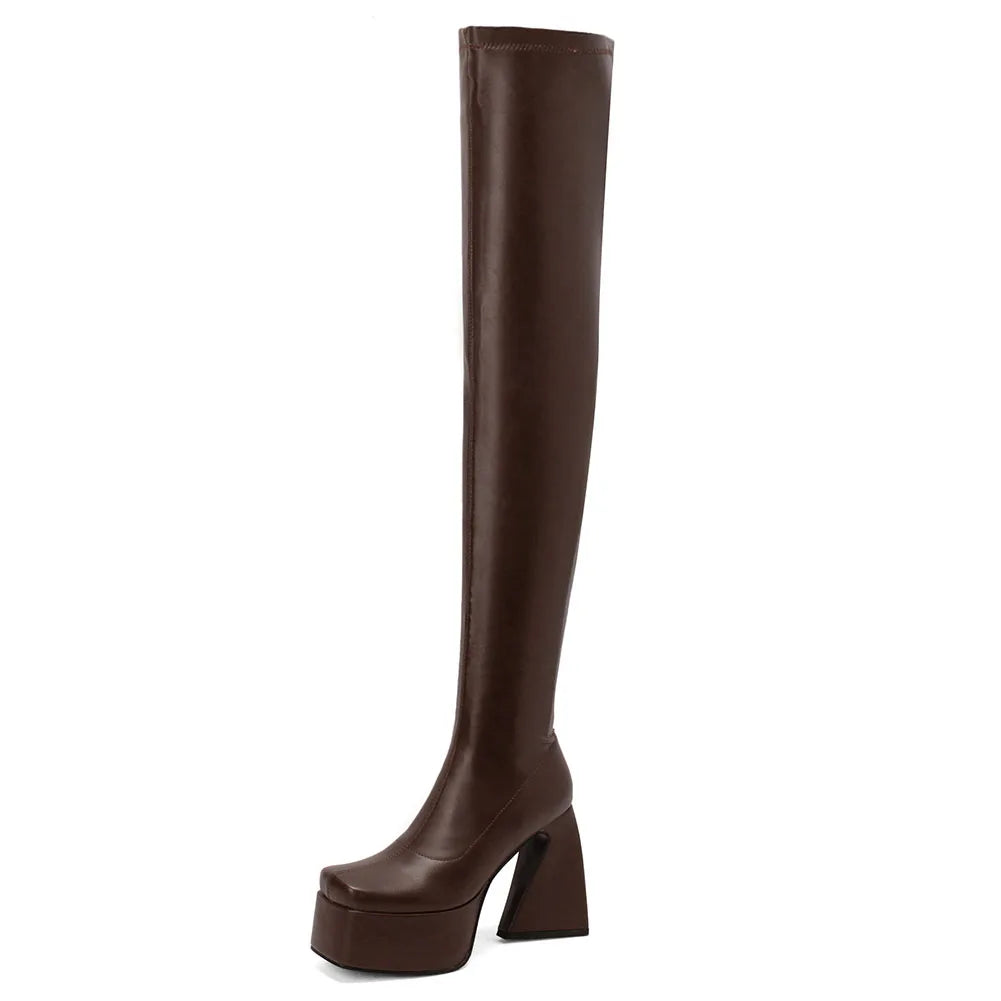Platform Over-The-Knee High Boots – Brand-Design mit Reißverschluss in Weiß/Schwarz