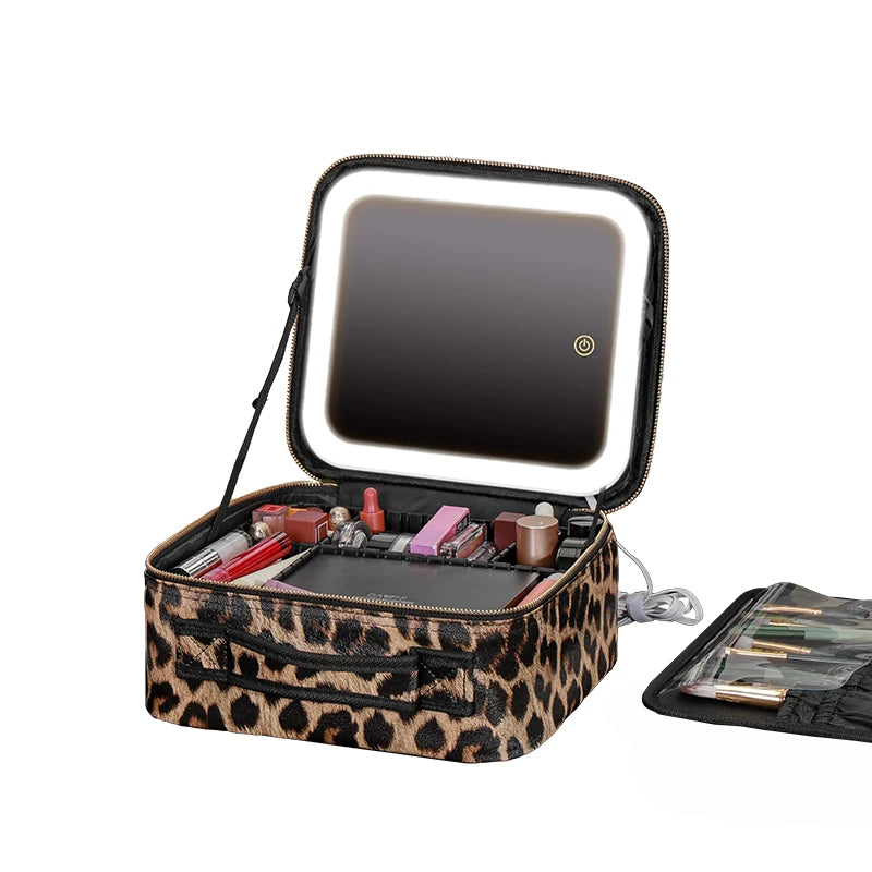 Make-up Tasche mit Spiegel & LED – dein Beauty-Moment im stylischen Leopard-Look!