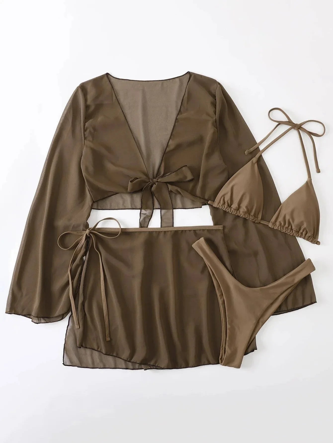 4-teiliges Bikini-Set mit Mesh-Sarong und Cover-Up – stylisch am Strand