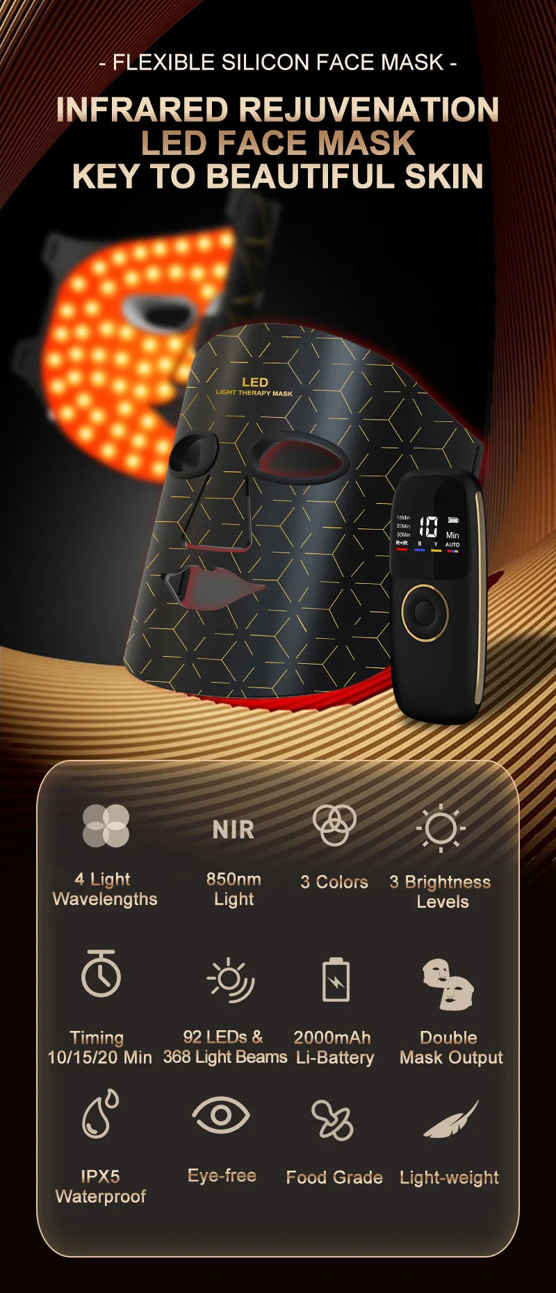 LED-Gesichts- & Halsmaske – Infrarot-Lichttherapie für Hautverjüngung & Anti-Aging