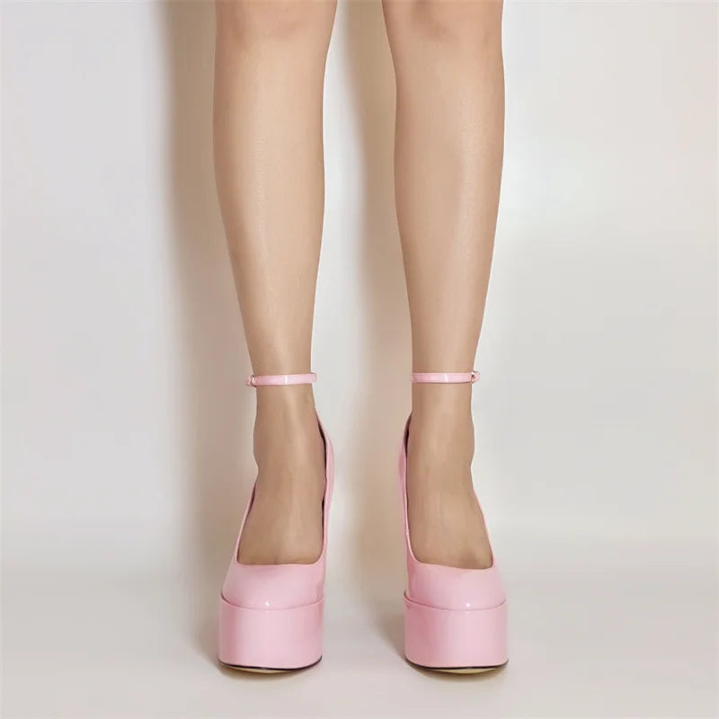 Onlymaker Frauen Mary Jane Plattform Pumps – Rosa Chunky High Heels mit Knöchelriemen