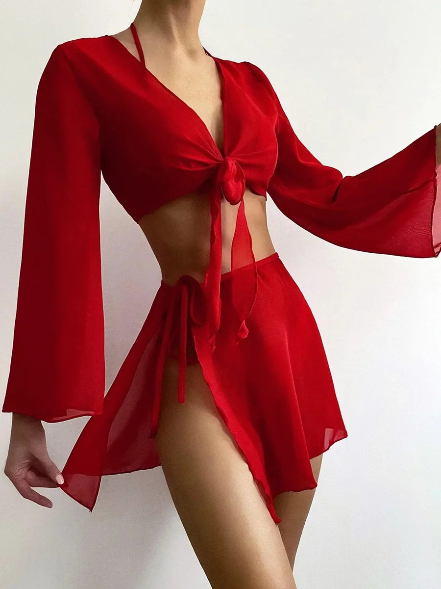 4-teiliges Bikini-Set mit Mesh-Sarong und Cover-Up – stylisch am Strand