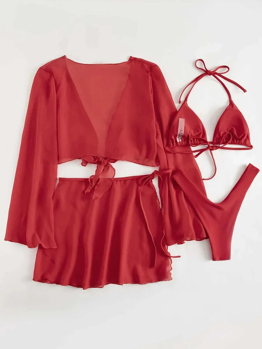 4-teiliges Bikini-Set mit Mesh-Sarong und Cover-Up – stylisch am Strand