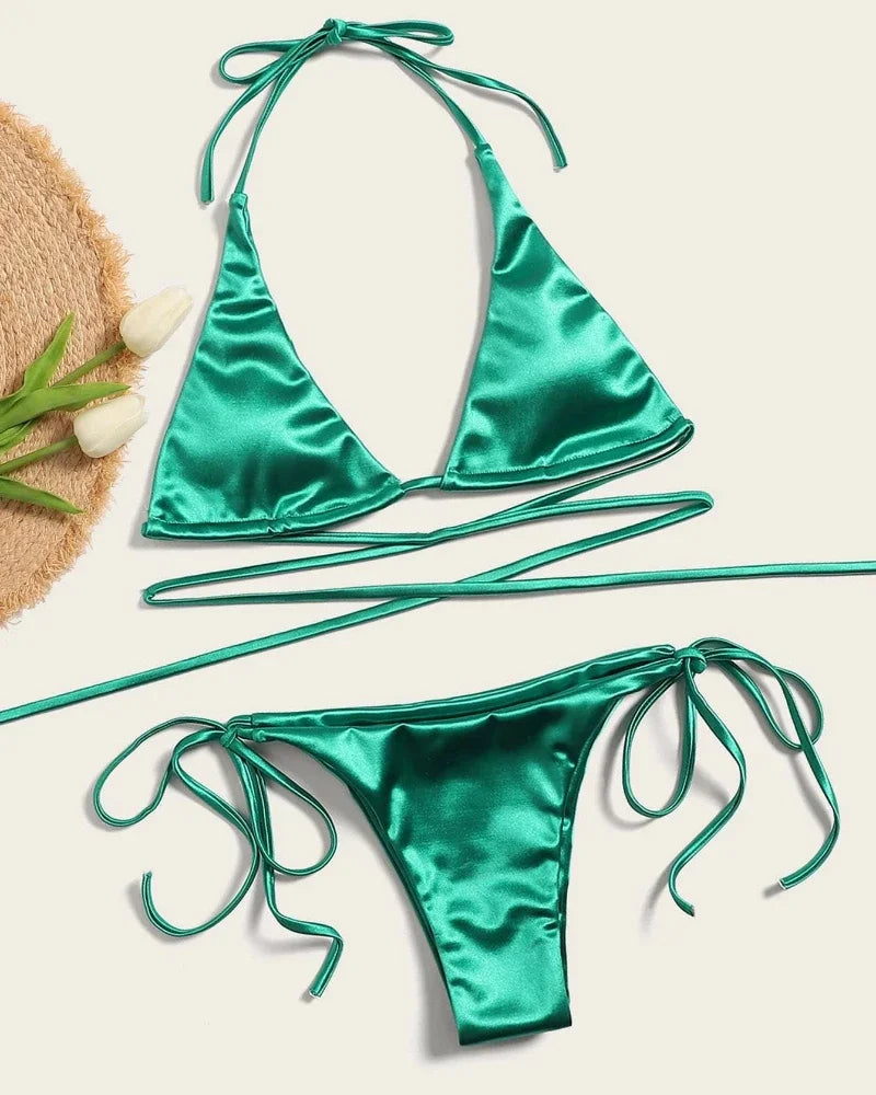 Satin Bikini-Set mit Halter – glänzend, sexy & brasilianisch inspiriert