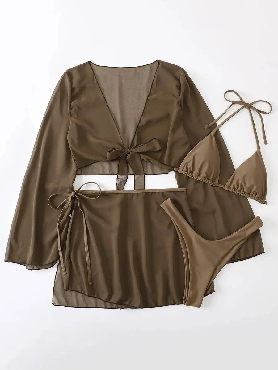 4-teiliges Bikini-Set mit Mesh-Sarong und Cover-Up – stylisch am Strand
