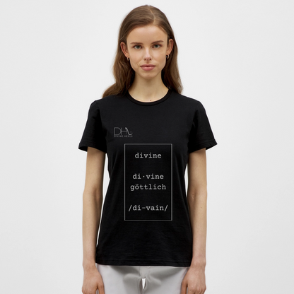 Divine Heels T-Shirt – Logo weiß/Text weiß mit Rahmen - Schwarz
