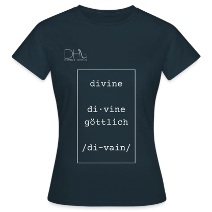 Divine Heels T-Shirt – Logo weiß/Text weiß mit Rahmen - Navy