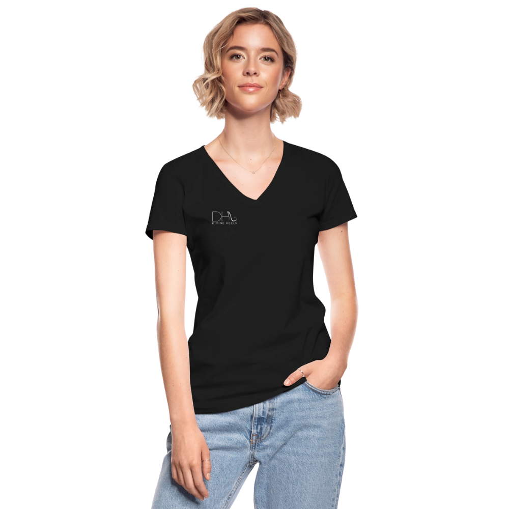 Divine Heels T-Shirt mit V-Ausschnitt - Logo weiß/Text weiß - Schwarz