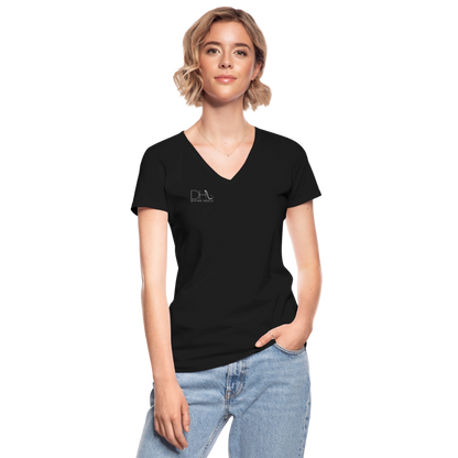 Divine Heels T-Shirt mit V-Ausschnitt - Logo weiß/Text weiß - Schwarz