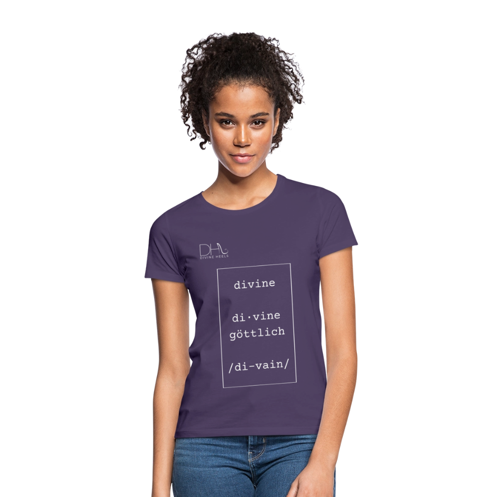 Divine Heels T-Shirt – Logo weiß/Text weiß mit Rahmen - Dunkellila