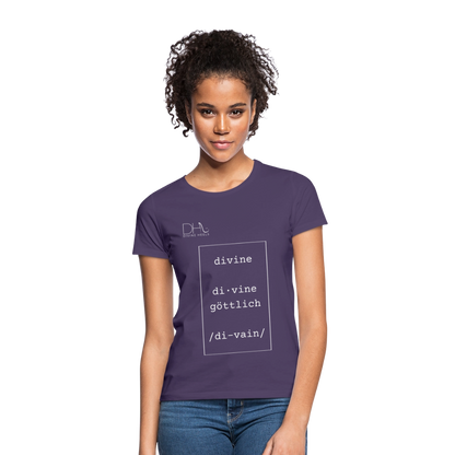 Divine Heels T-Shirt – Logo weiß/Text weiß mit Rahmen - Dunkellila