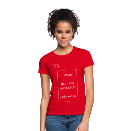 Divine Heels T-Shirt – Logo weiß/Text weiß mit Rahmen - Rot