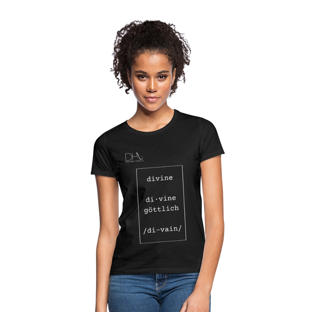 Divine Heels T-Shirt – Logo weiß/Text weiß mit Rahmen - Schwarz