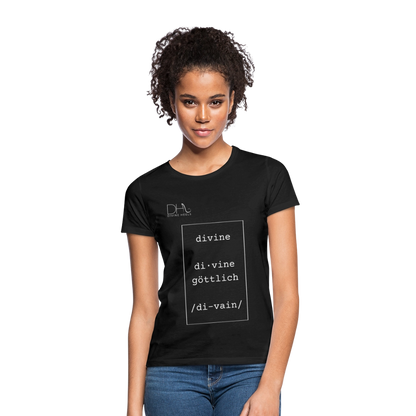 Divine Heels T-Shirt – Logo weiß/Text weiß mit Rahmen - Schwarz