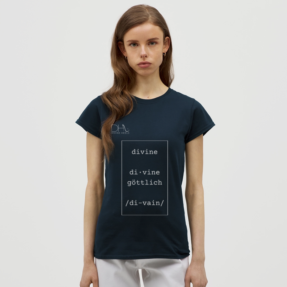 Divine Heels T-Shirt – Logo weiß/Text weiß mit Rahmen - Navy