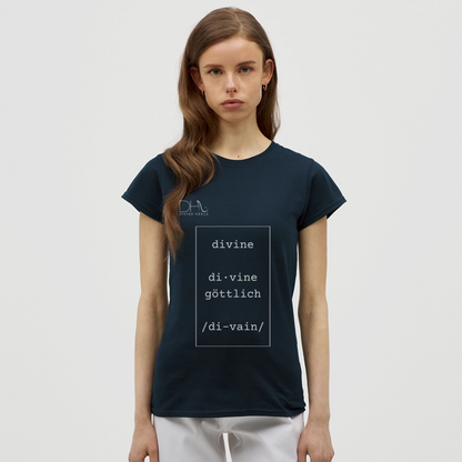 Divine Heels T-Shirt – Logo weiß/Text weiß mit Rahmen - Navy