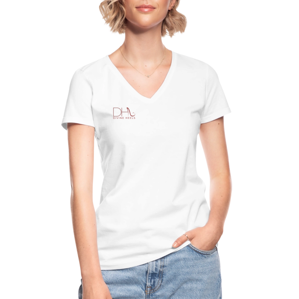 Divine Heels T-Shirt mit V-Ausschnitt - Logo rot/Text schwarz - Weiß