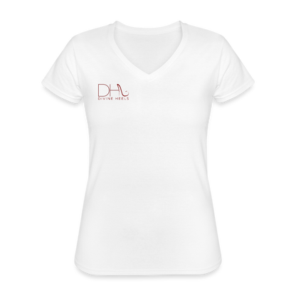 Divine Heels T-Shirt mit V-Ausschnitt - Logo rot/Text schwarz - Weiß