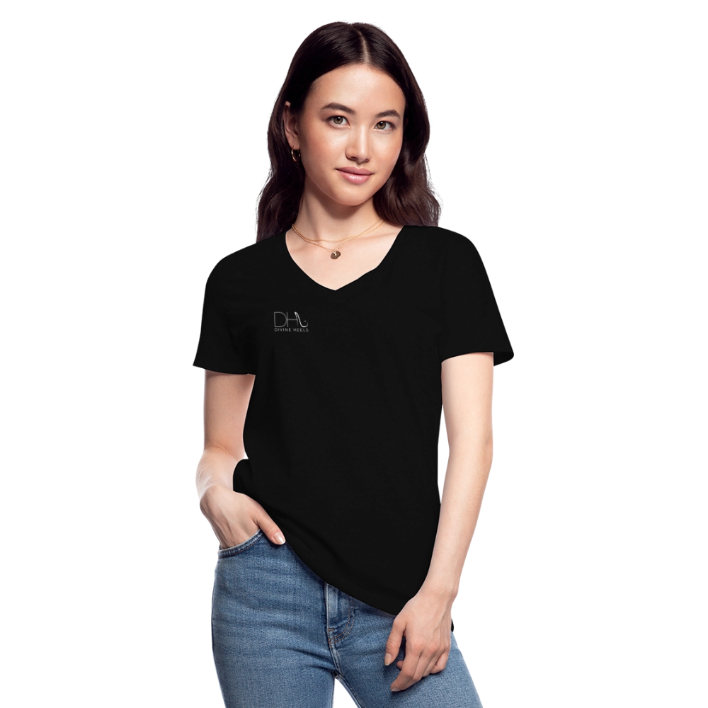 Divine Heels T-Shirt mit V-Ausschnitt - Logo weiß/Text weiß - Schwarz