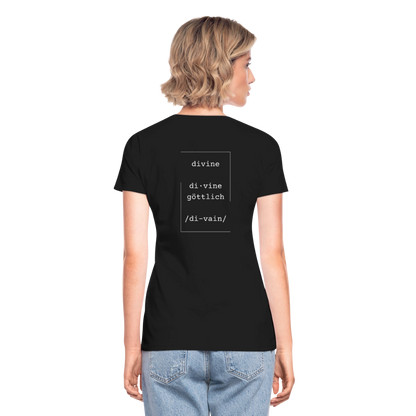Divine Heels T-Shirt mit V-Ausschnitt - Logo weiß/Text weiß - Schwarz