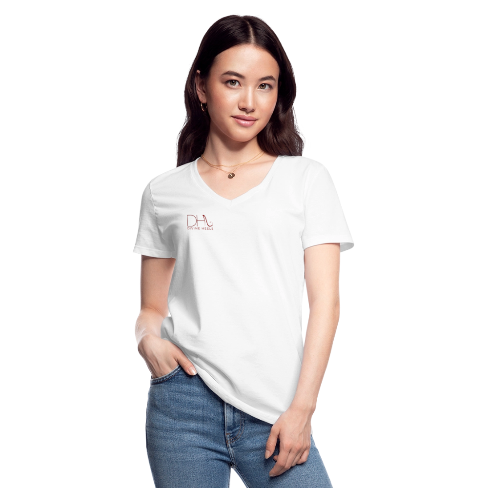 Divine Heels T-Shirt mit V-Ausschnitt - Logo rot/Text schwarz - Weiß