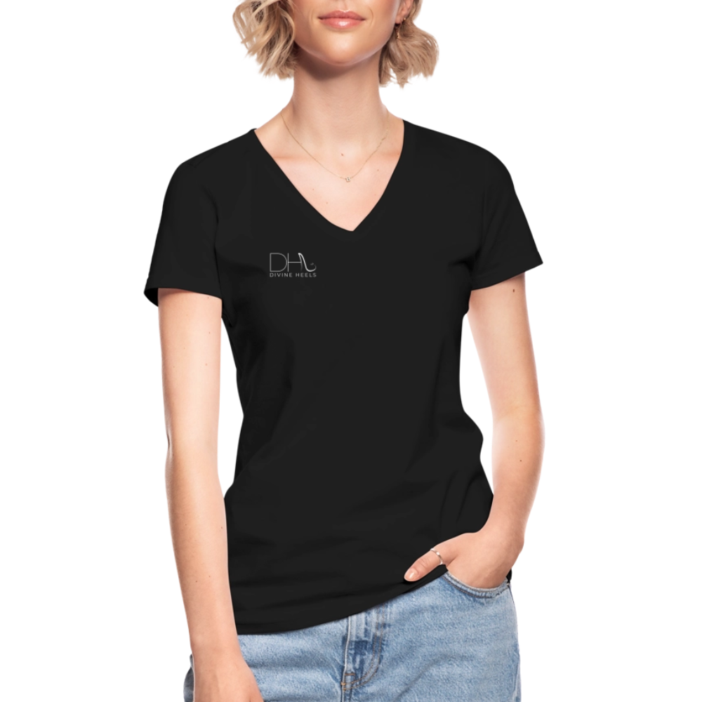 Divine Heels T-Shirt mit V-Ausschnitt - Logo weiß/Text weiß - Schwarz