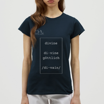 Divine Heels T-Shirt – Logo weiß/Text weiß mit Rahmen - Navy