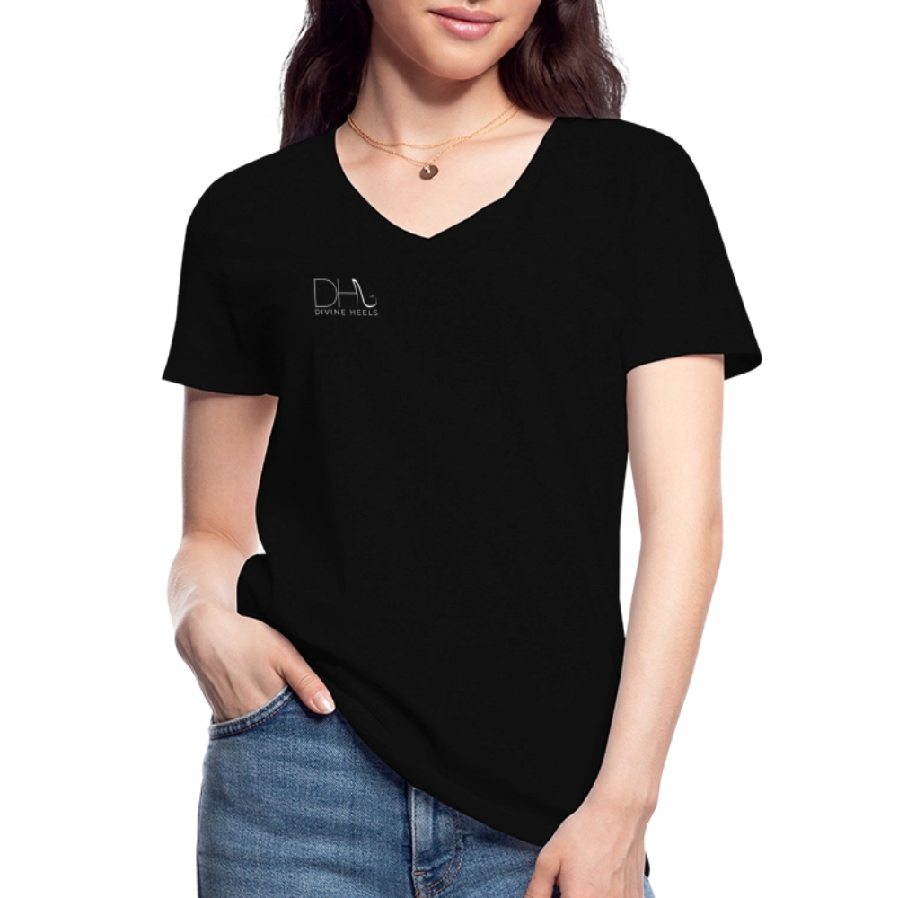 Divine Heels T-Shirt mit V-Ausschnitt - Logo weiß/Text weiß - Schwarz