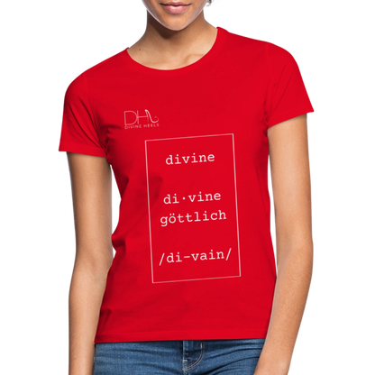 Divine Heels T-Shirt – Logo weiß/Text weiß mit Rahmen - Rot