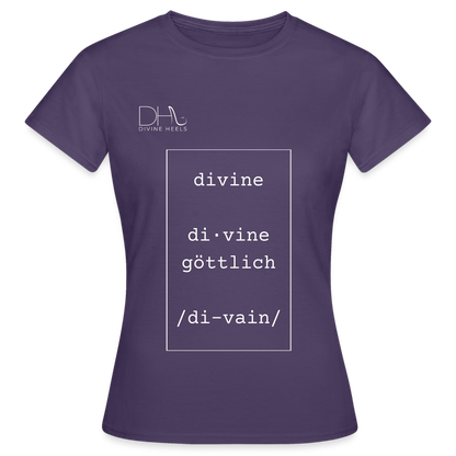 Divine Heels T-Shirt – Logo weiß/Text weiß mit Rahmen - Dunkellila