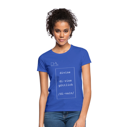 Divine Heels T-Shirt – Logo weiß/Text weiß mit Rahmen - Royalblau