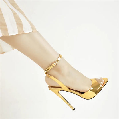 Onlymaker Frauen Gold Peep-Toe High Heels – 12cm Dünne Stiletto Sandalen mit Schnalle